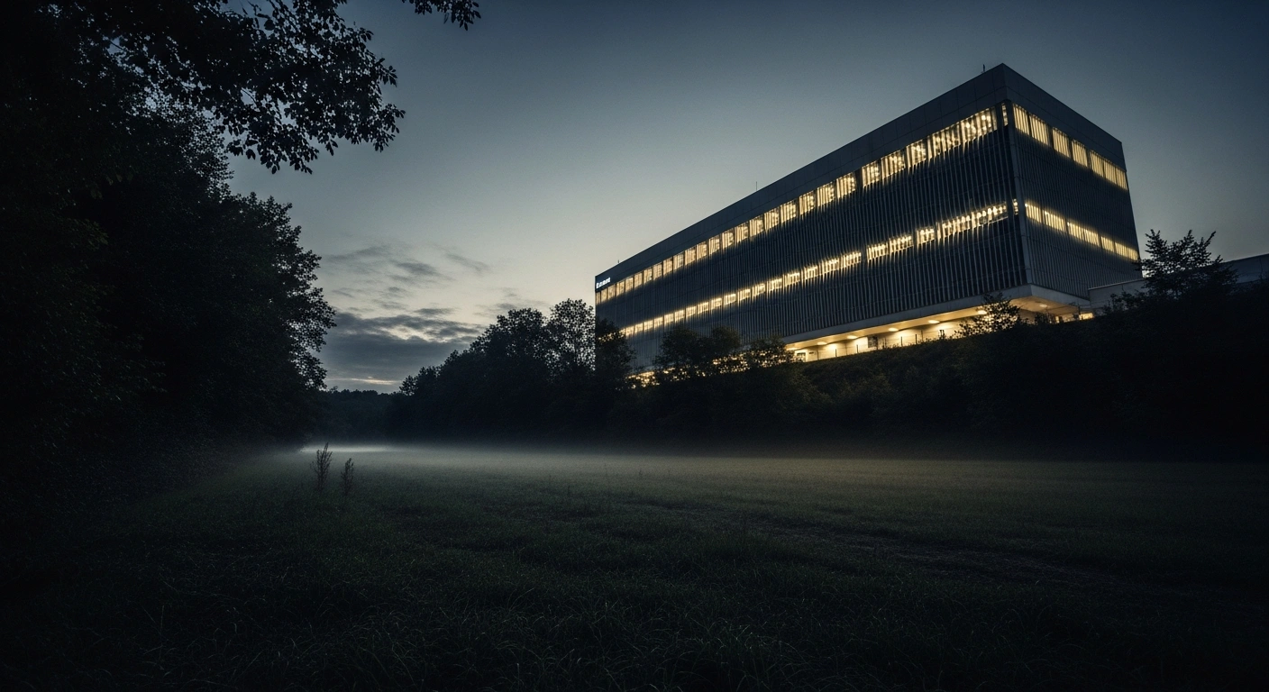 A large, energy-intensive data center facility stands in a rural French landscape, highlighting local concerns over environmental impact and power grid strain.