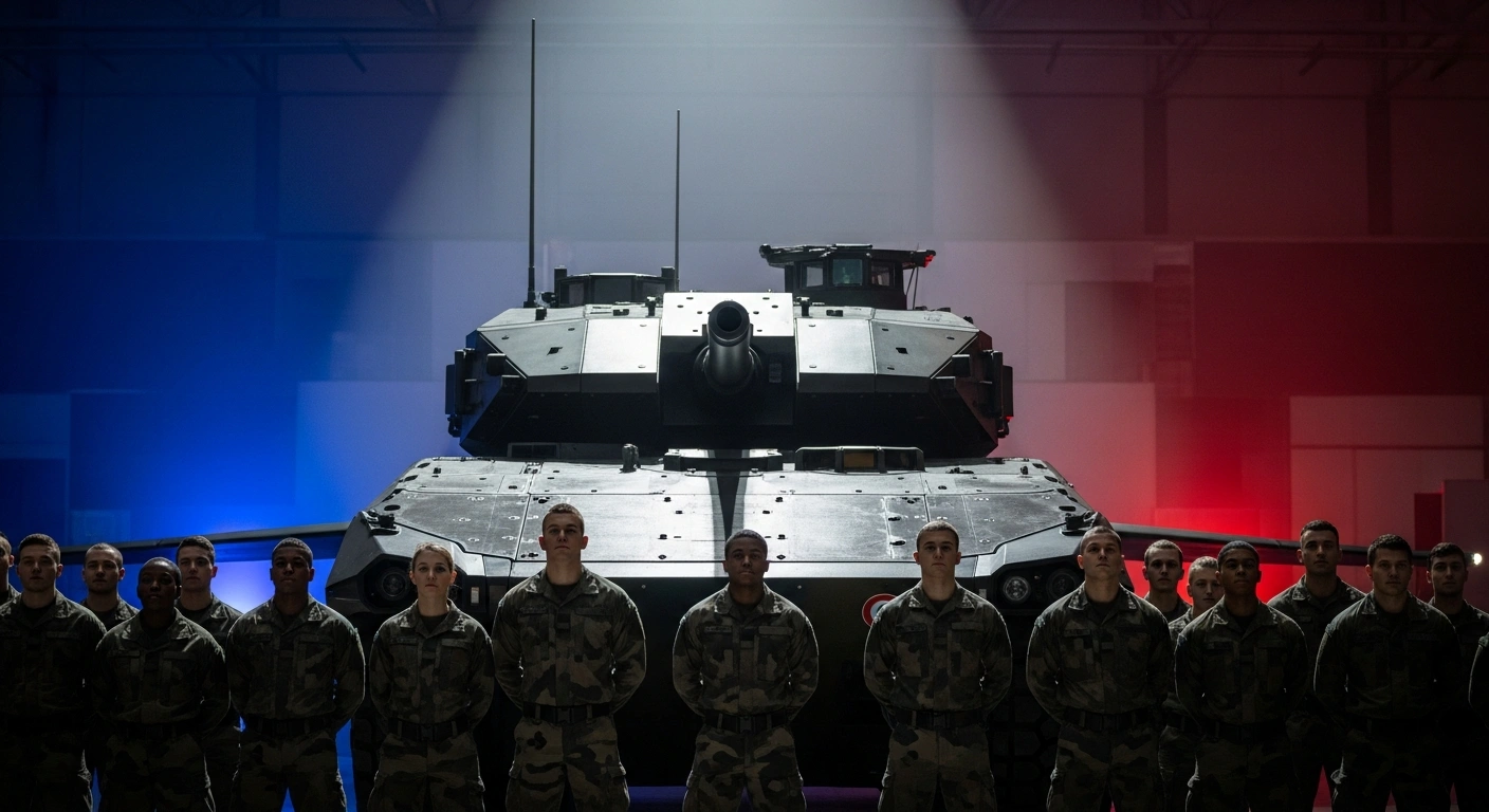 A modern French military vehicle, possibly a tank or fighter jet, is dramatically lit in a factory setting, with a diverse group of young military recruits in the foreground, representing France's significant increase in military spending, boosted domestic weapons production, and reintroduction of voluntary military service for national defense and strategic autonomy.