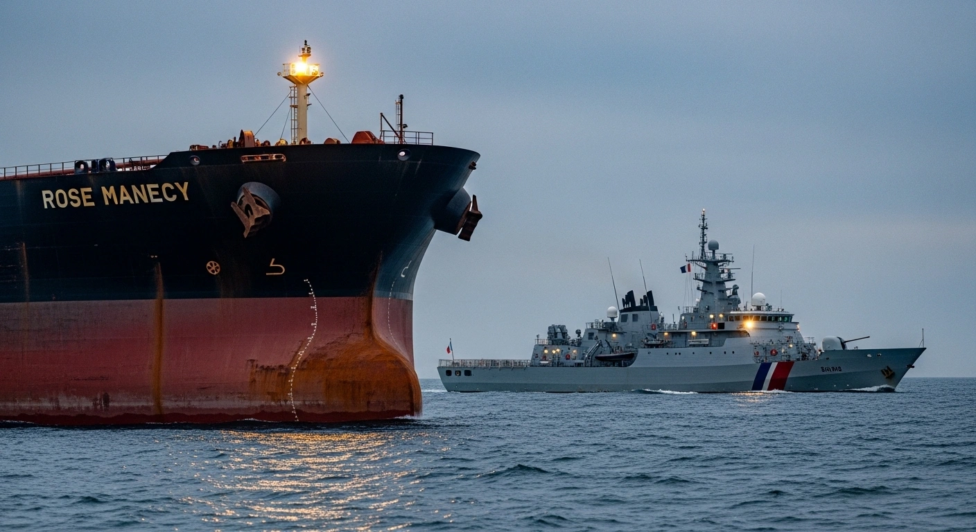 A large, rust-streaked oil tanker, suspected to be the Russia-linked 'Boracay' from the 'shadow fleet', is shown being approached by a French naval patrol vessel off the western coast of France at dusk, representing its detention for registration inconsistencies.