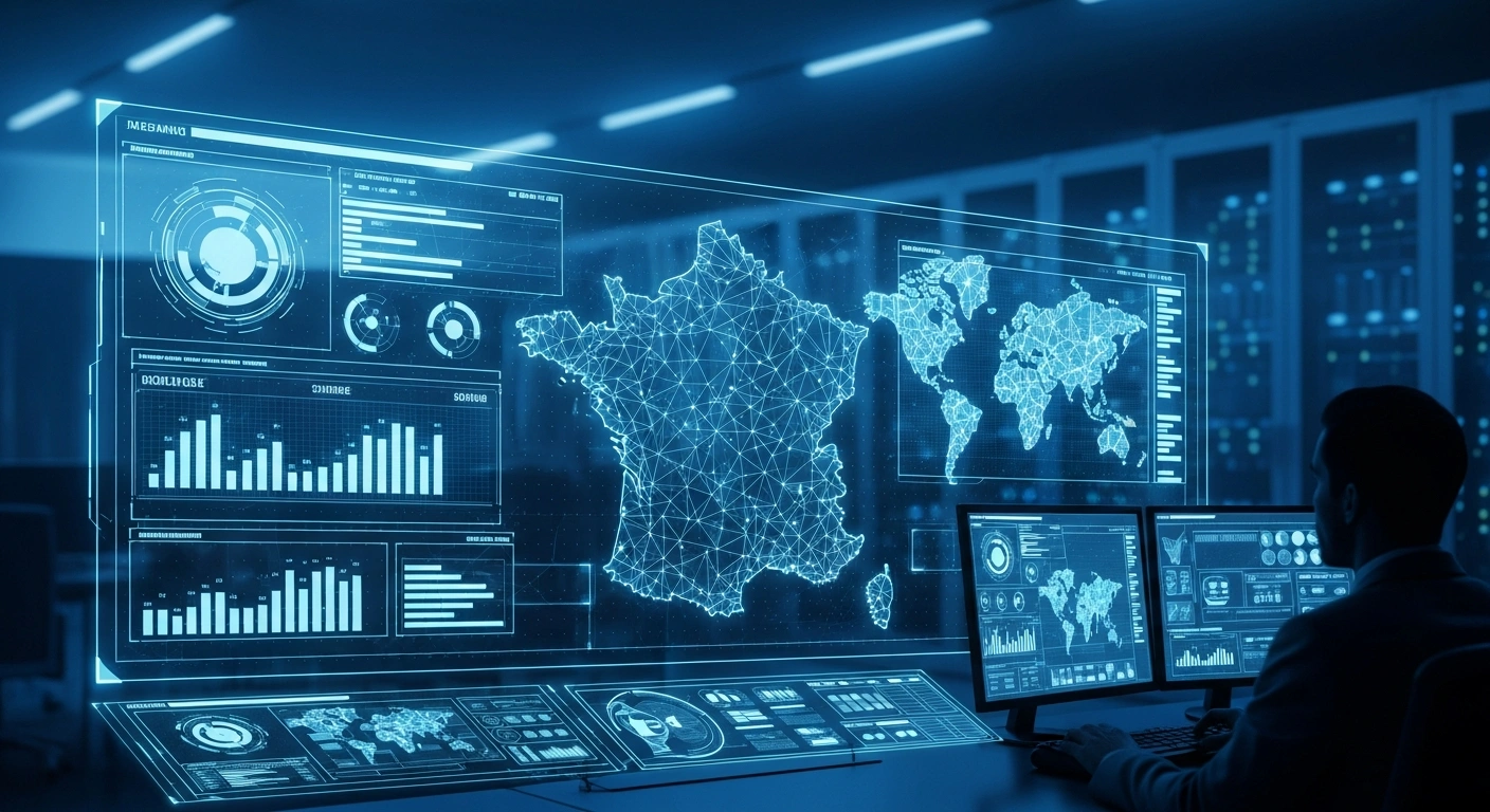A modern French government intelligence command center transitions to domestic software systems to ensure digital sovereignty and national security.