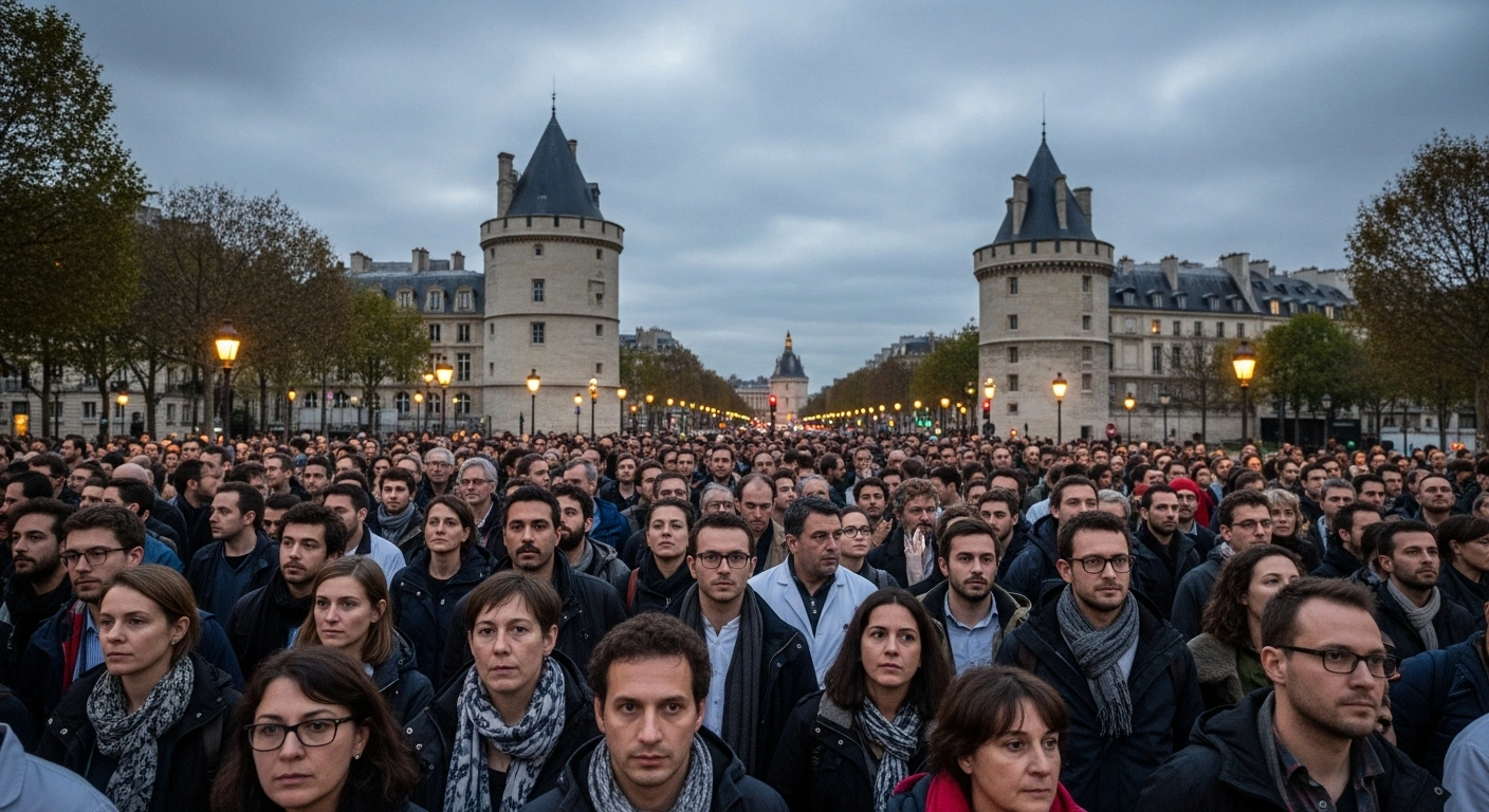 A low-angle photograph shows a large crowd of independent doctors protesting in the streets of Paris, France, during their ten-day strike against the proposed 2026 Social Security budget, insufficient funding, and threats to their professional autonomy.
