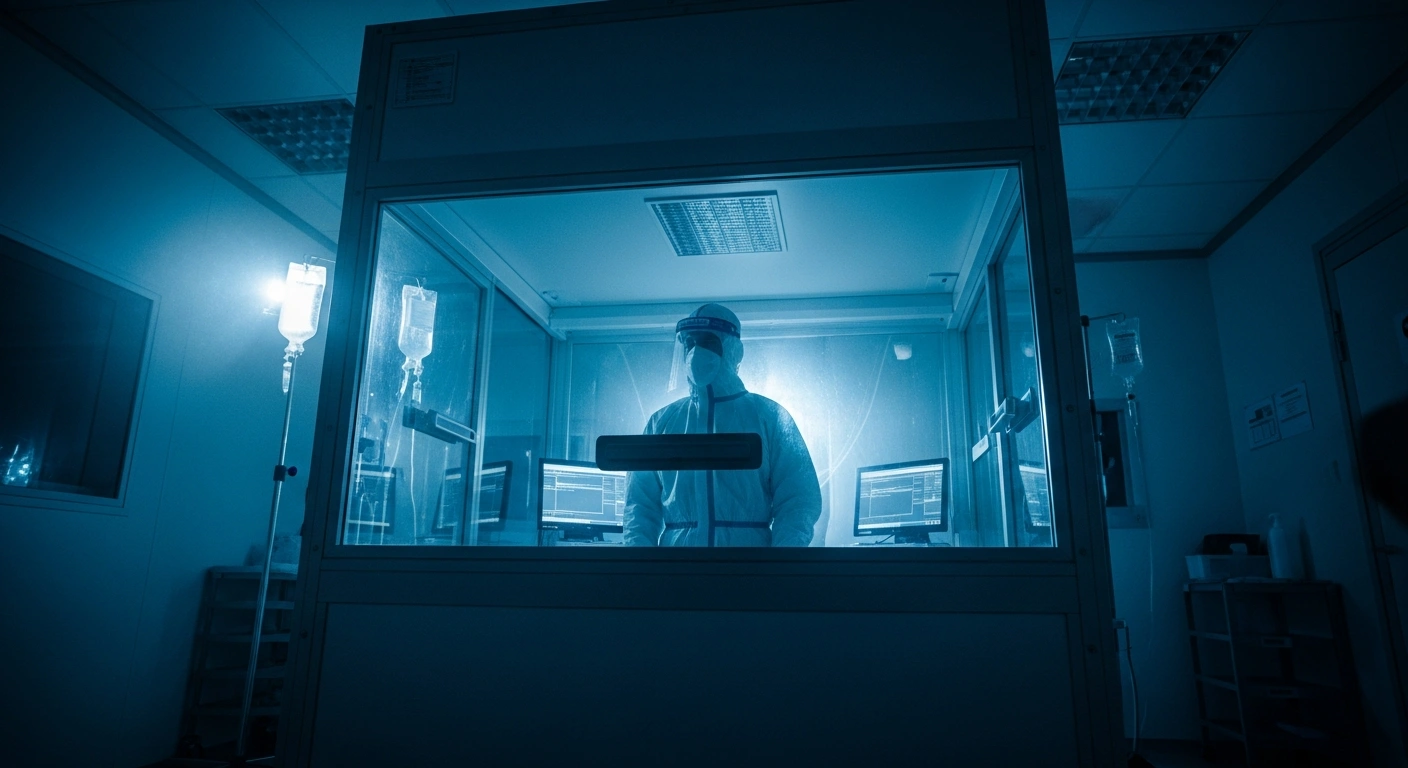 A medical professional in full protective gear works inside a sterile isolation unit in France to treat a patient diagnosed with Ebola.