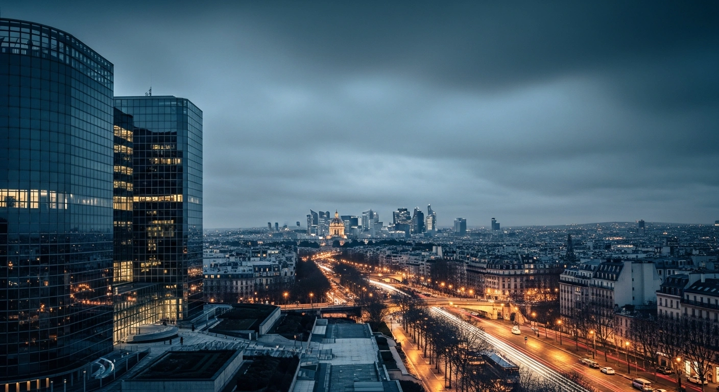 A cinematic view of the Paris skyline at twilight represents the economic resilience of France as analyzed in the 2024 International Monetary Fund report.