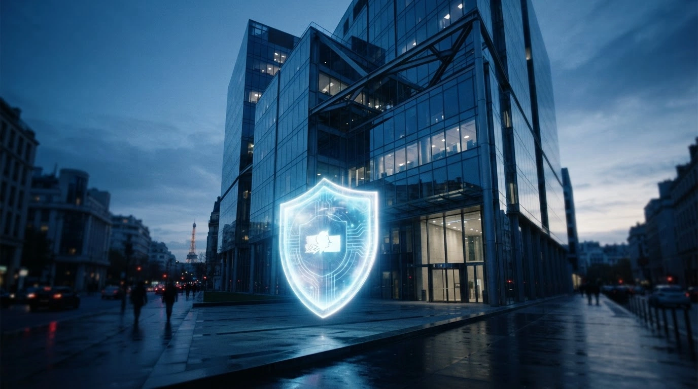 A modern corporate building in Paris is protected by a glowing digital shield representing the French Ministry of Economy's reinforced economic security framework.