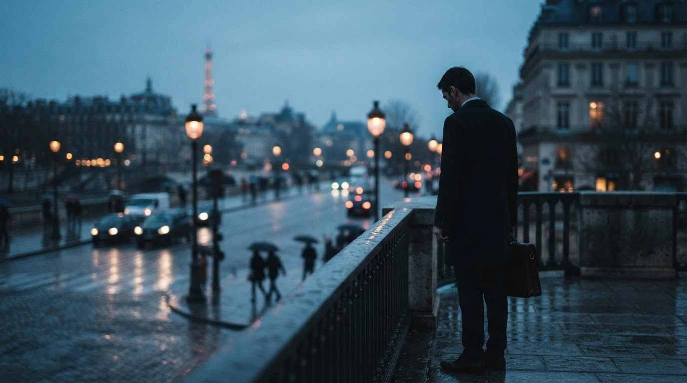 A lone figure stands on a Parisian bridge overlooking a city street during a time of economic uncertainty and national protests in France.