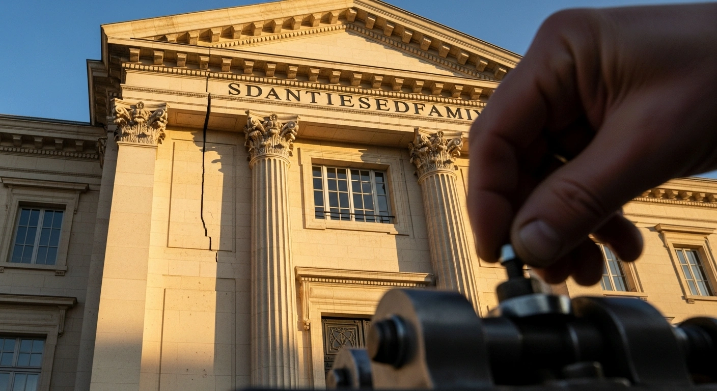 A grand neoclassical building facade, bathed in golden dawn light, features a subtle vertical crack in a prominent column, while a weathered hand in the foreground meticulously tightens a small, intricate bolt on an antique mechanism, symbolizing Banque de France Governor Francois Villeroy de Galhau's call for tighter public spending control to address France's budget deficit and rising public debt amidst economic growth forecasts.