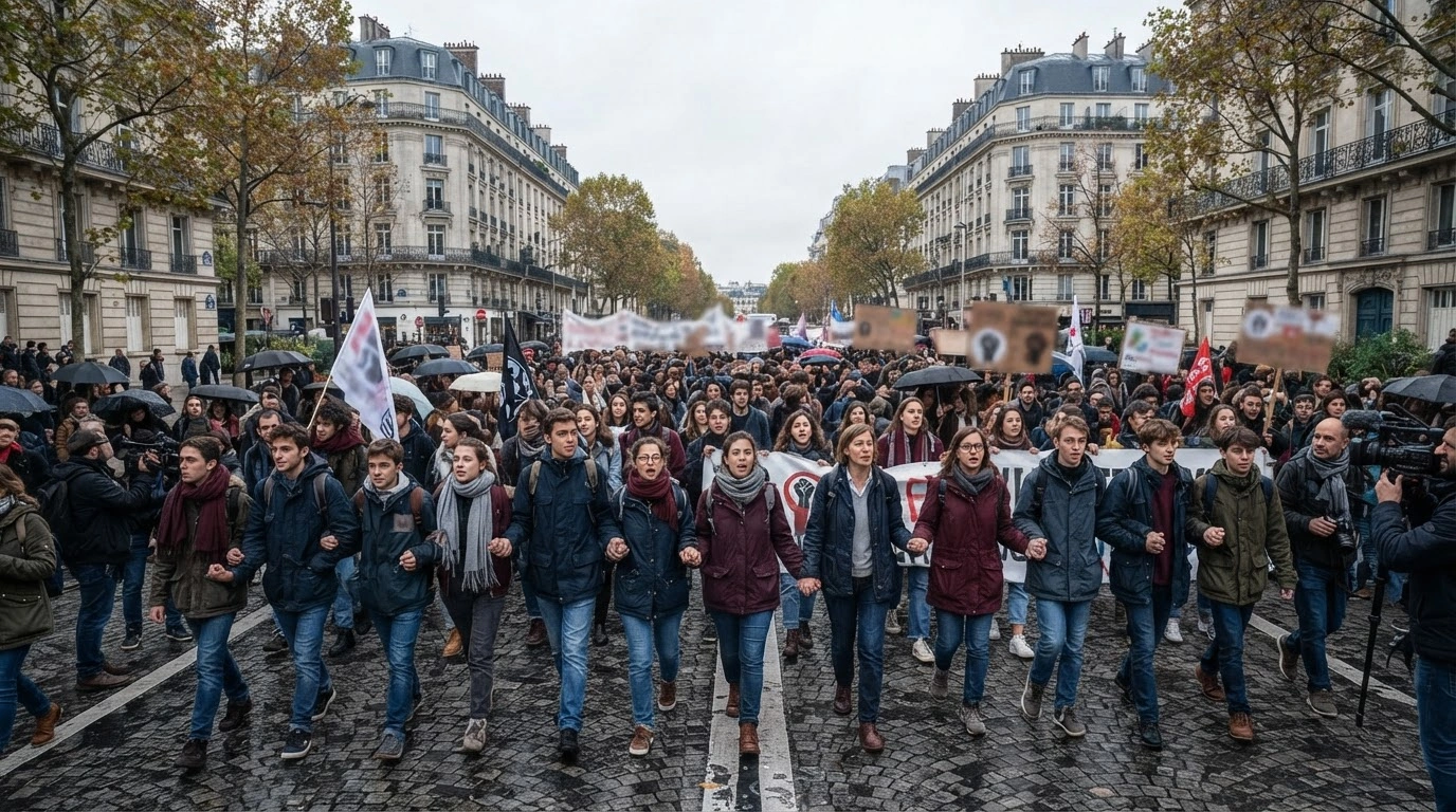 Students and educators march through a street in France during a nationwide protest demanding improvements to the public education system.