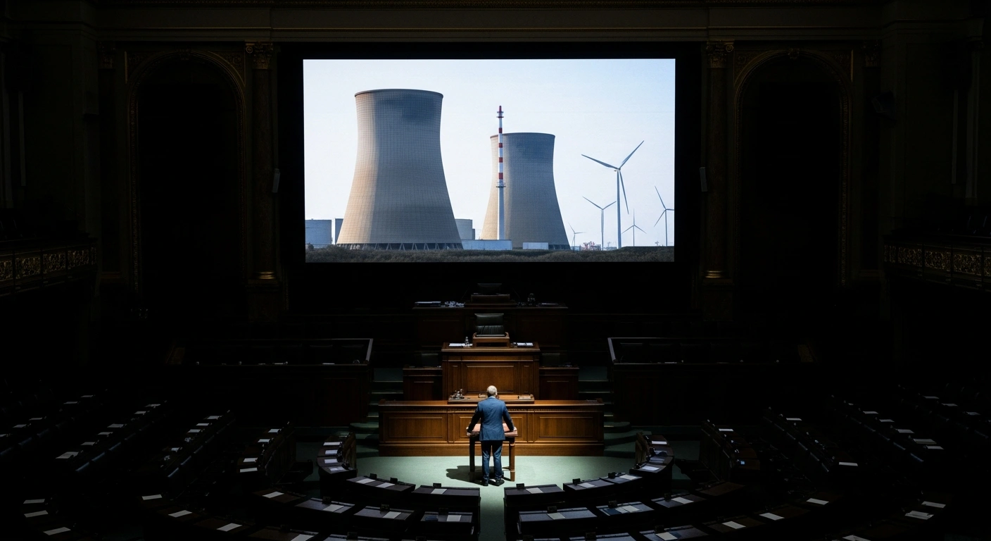 A lone political figure stands at a podium in the French Parliament, representing the National Rally's no-confidence motion against Prime Minister Sebastien Lecornu's government over a new energy law that prioritizes nuclear power while scaling back renewable targets.