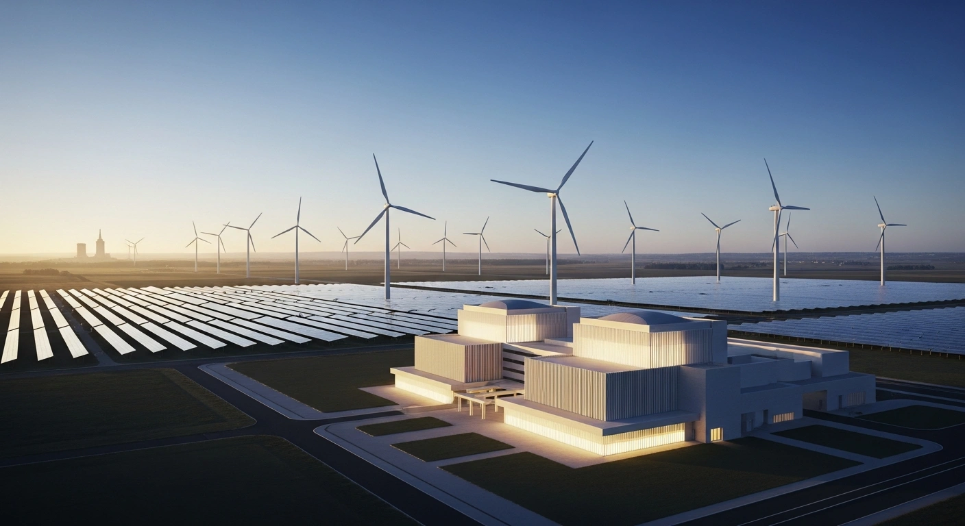 A futuristic French landscape at golden hour, featuring a glowing, integrated nuclear power plant, elegant wind turbines, and glinting solar panels under a clear blue sky, symbolizing France's Multiannual Energy Programme (PPE3) to electrify its economy and achieve carbon neutrality by 2050.