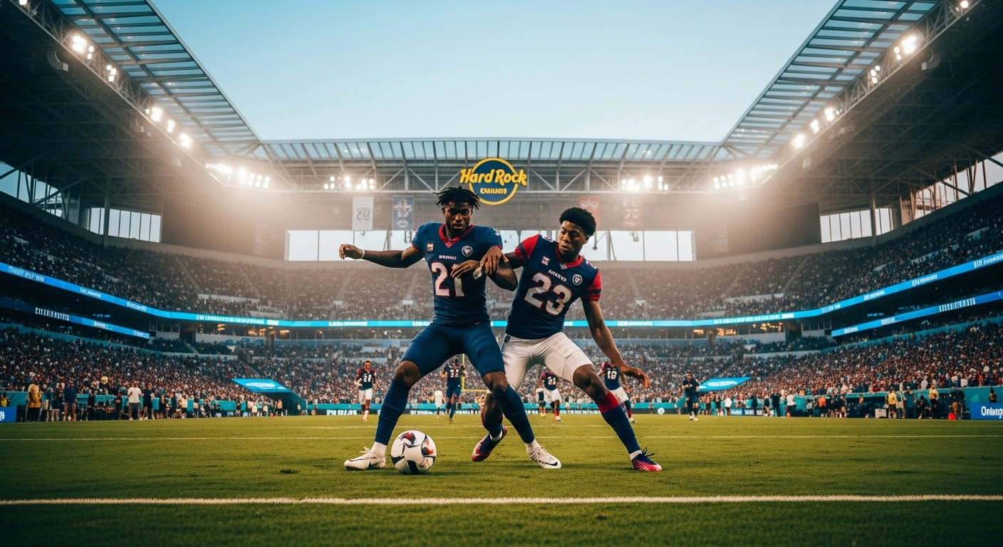 Two professional football players from France and England compete for the ball during the 2026 FIFA World Cup third-place play-off match at Hard Rock Stadium in Miami.