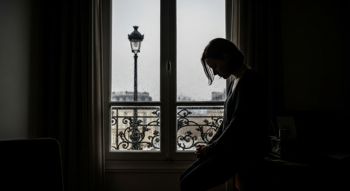 A solitary woman stands silhouetted against a rain-streaked window in a dimly lit room, symbolizing the somber reality of the 1,283 women who were victims of femicides or attempted femicides by their partners in France in 2024, reflecting a concerning increase in gender-based violence.
