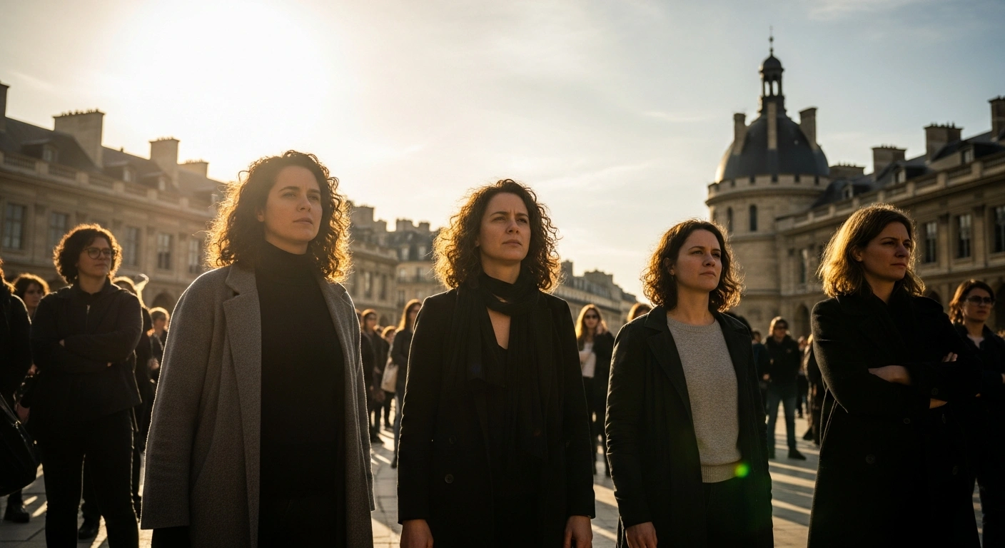 A diverse coalition of feminist activists gathers in a Parisian plaza to demand comprehensive legislative action against sexual violence in France.