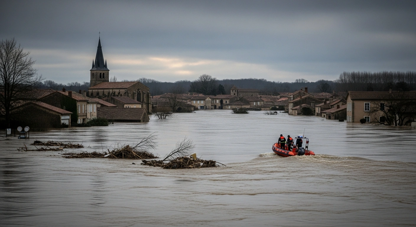 A wide shot of a French village in Gironde, France, partially submerged by murky floodwaters from the Garonne River after Storm Nils, showing a rescue boat navigating through the devastation and debris.