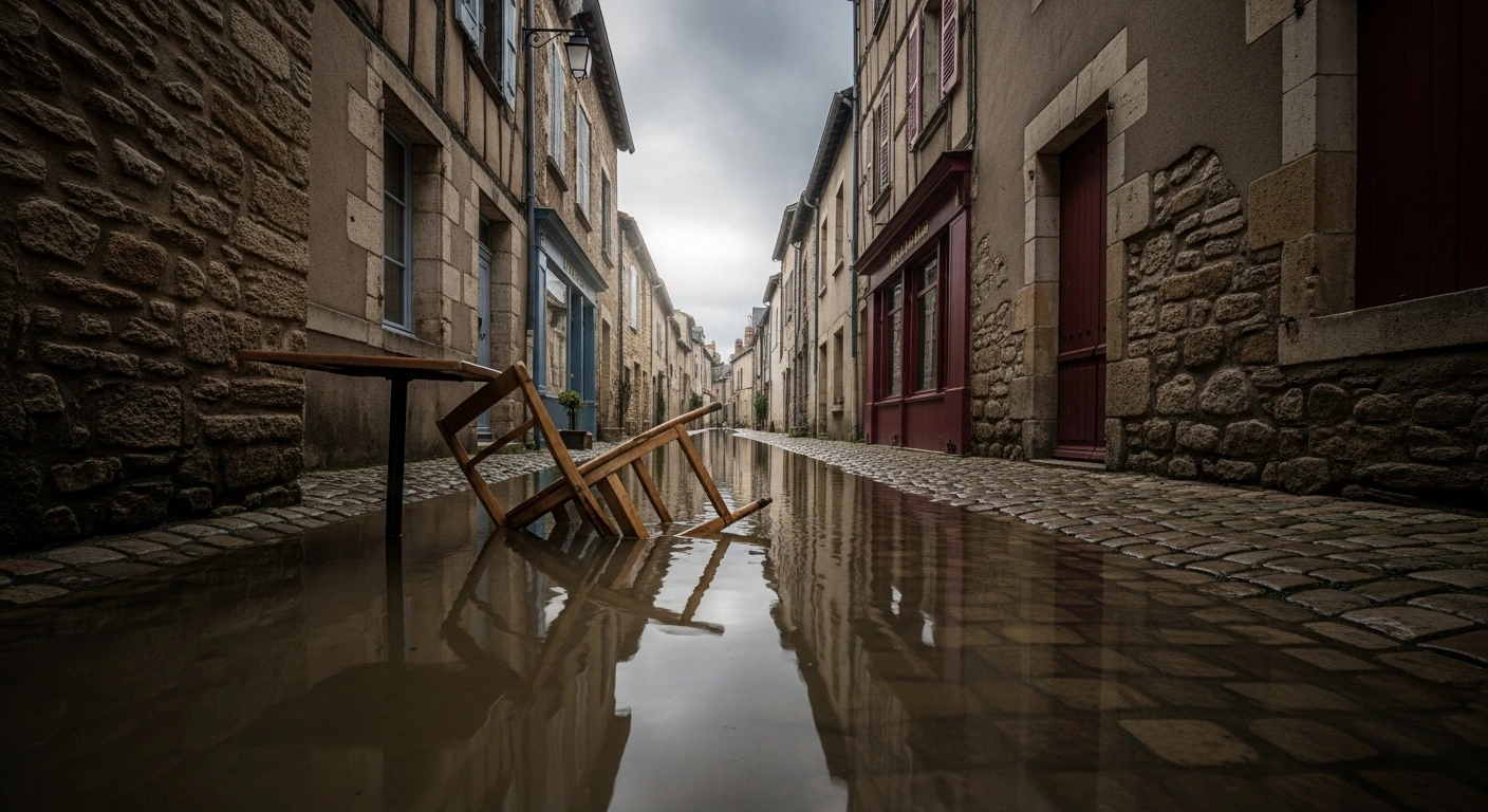 A flooded cobblestone street in a historic French village under a grey sky, with an overturned wooden chair floating in the murky water, depicting the aftermath of intense floods in regions of France recently declared natural disaster areas.