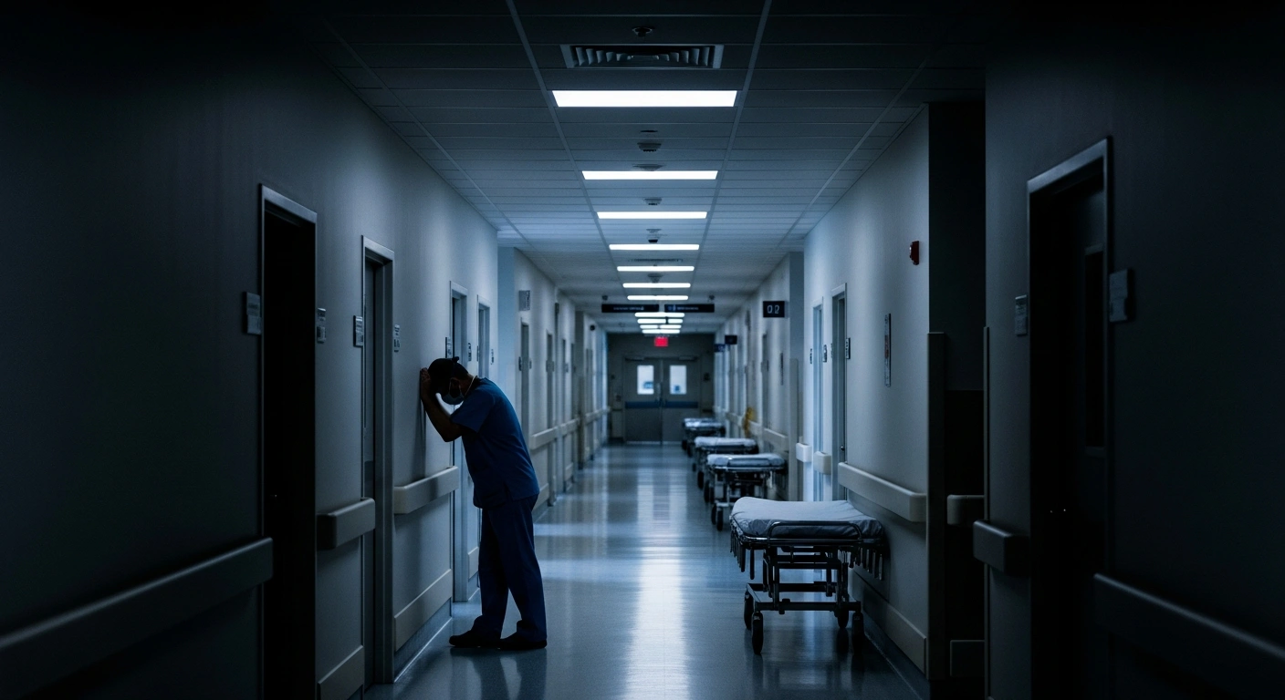A long, dimly lit hospital corridor in France, with a lone, exhausted medical professional leaning against a wall, symbolizing the intensified pressure on hospitals during the anticipated peak in seasonal flu cases and the ongoing epidemic phase.
