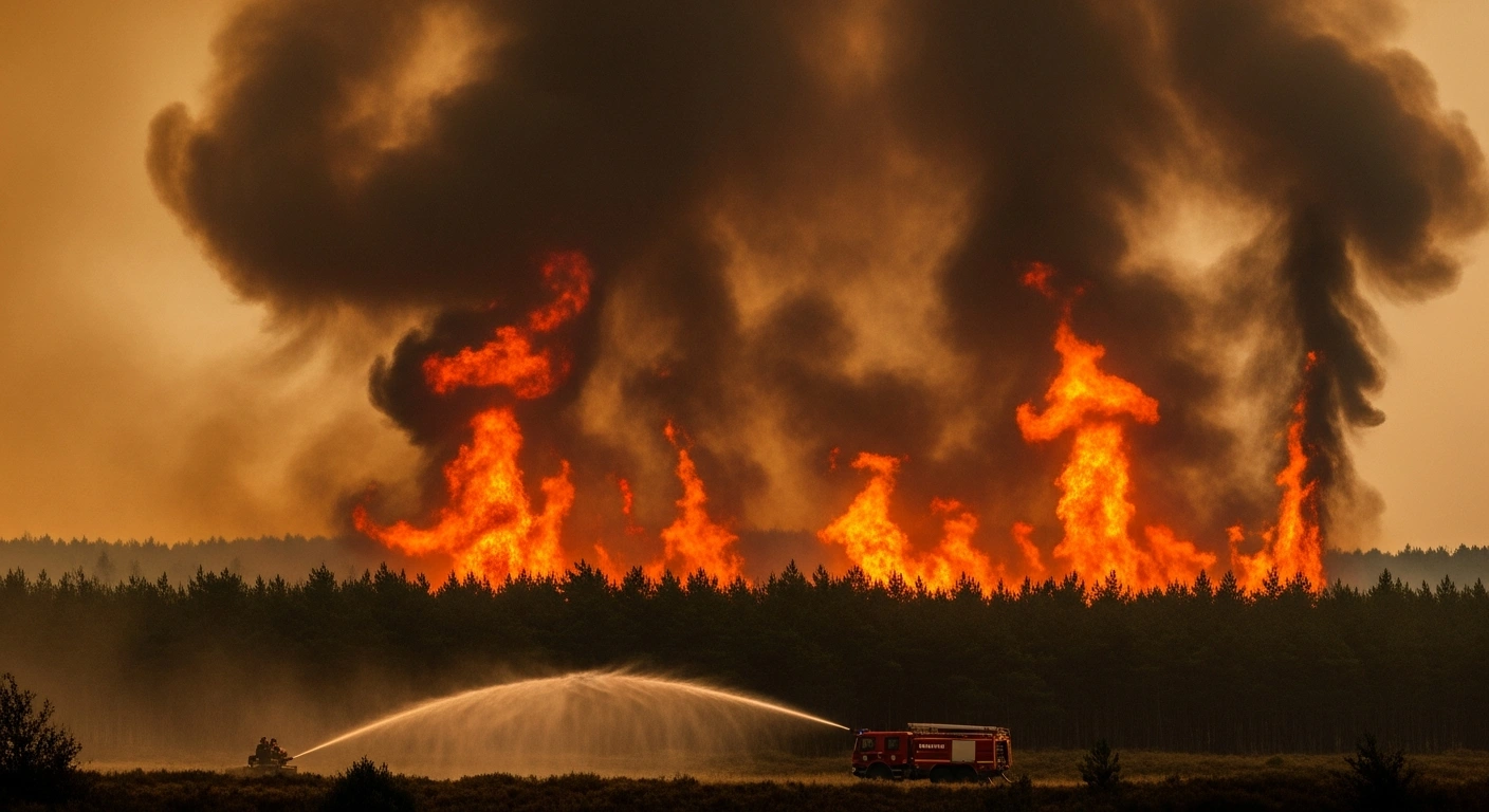 Emergency services battle a large forest fire in the Maine-et-Loire department of France as flames consume hectares of land during extreme heat.