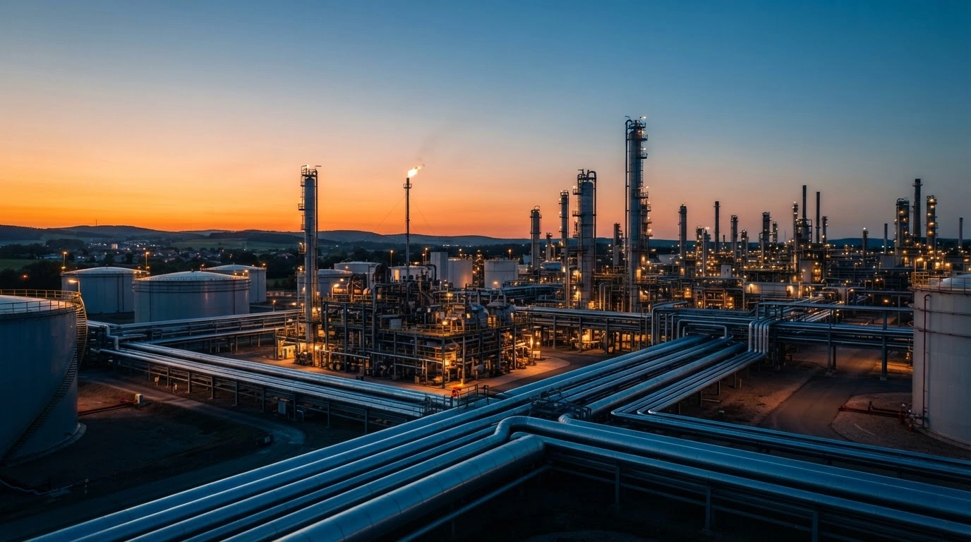 A modern French oil refinery stands securely at dusk, representing the stability of France's fuel reserves during global market volatility.