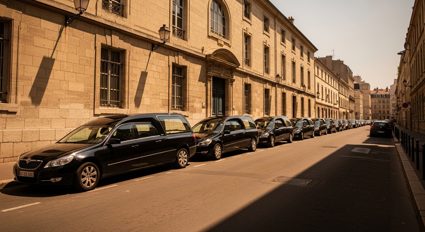 A row of black hearses parked outside a French funeral home during a record-breaking heatwave that has caused a surge in excess deaths.