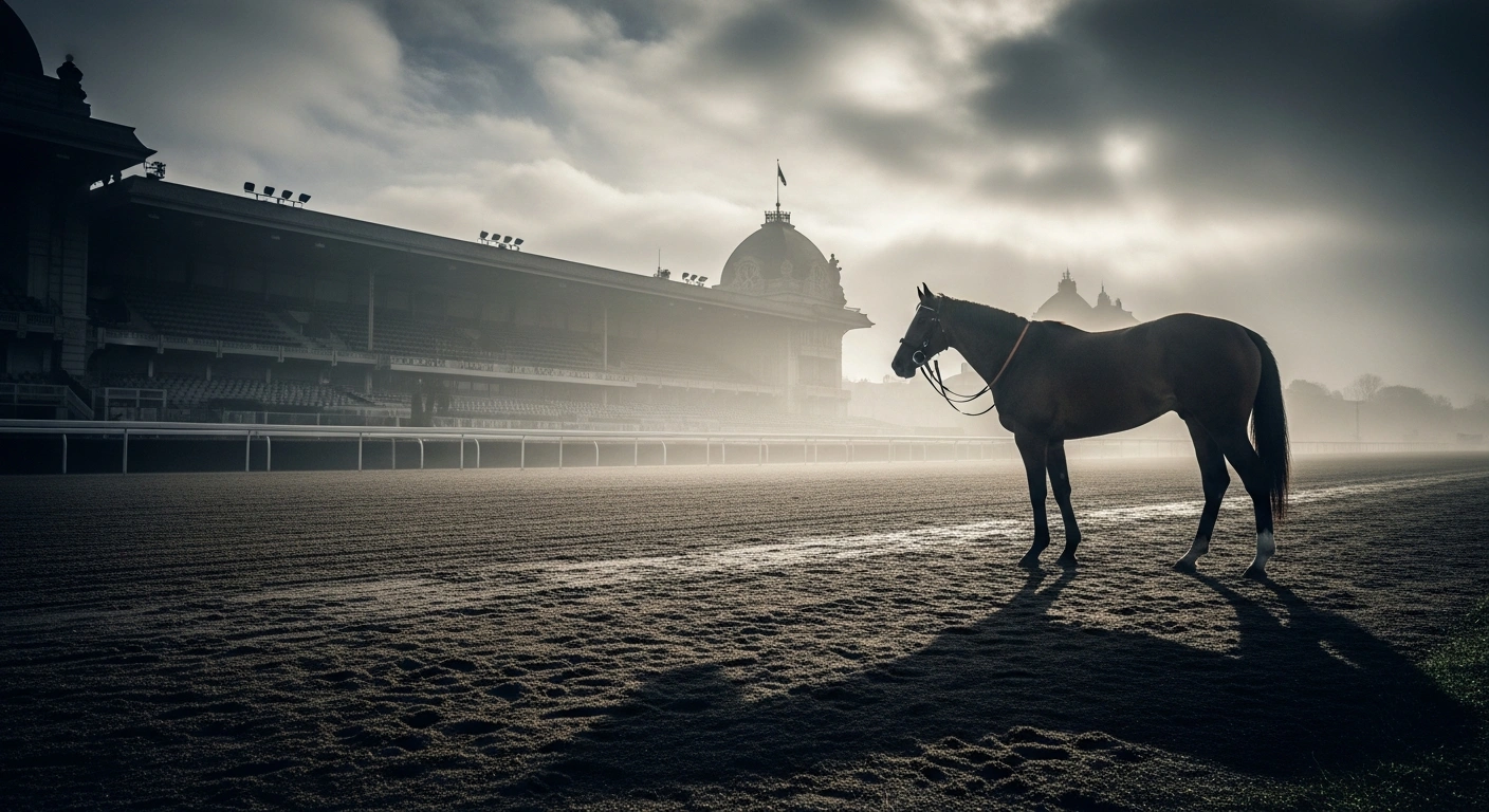 A lone racehorse stands on a quiet track at a French horse racing venue as France Galop implements budget cuts to address financial challenges.