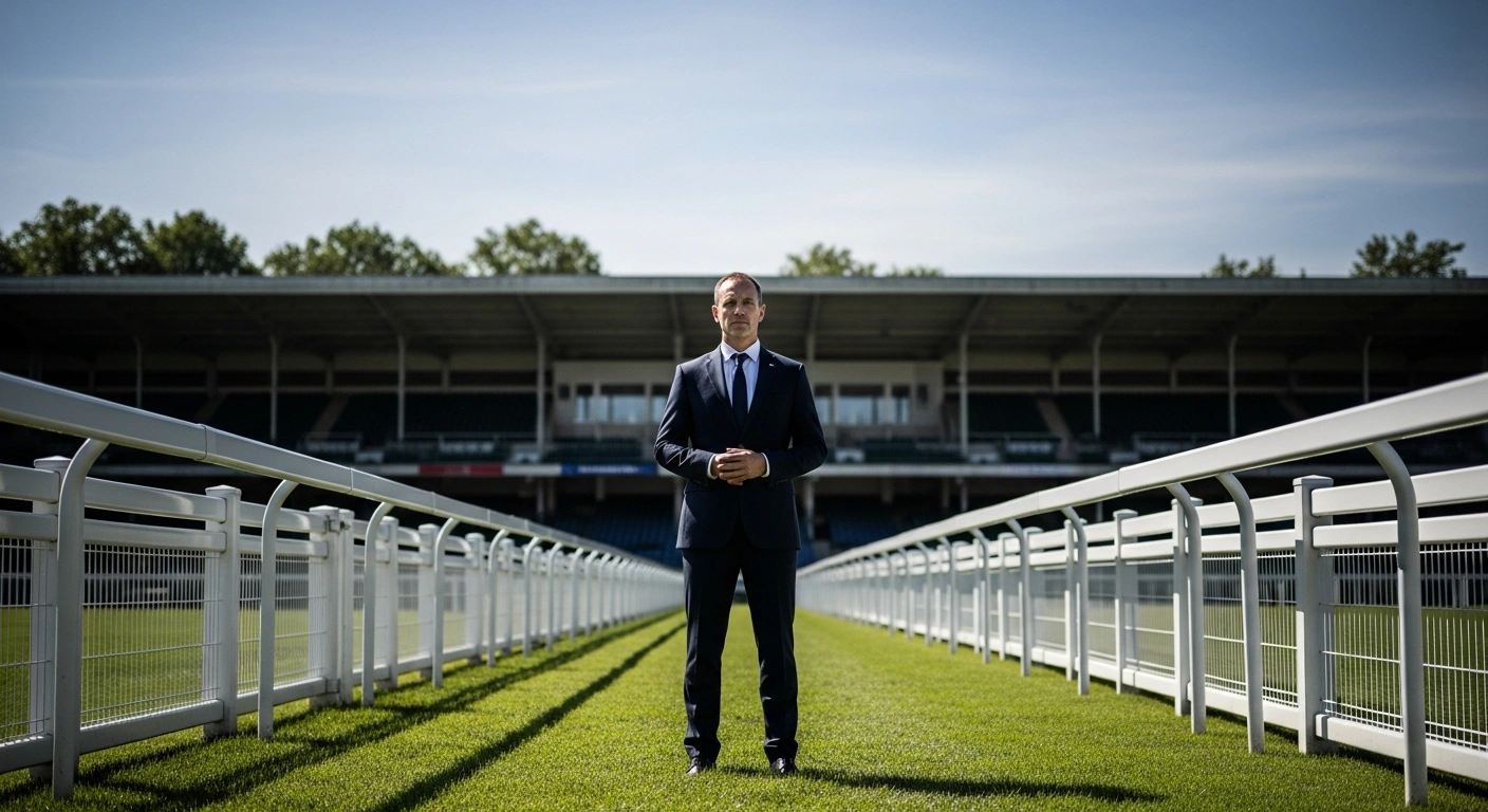 A professional horse racing official stands in a French racetrack paddock to represent the regulatory oversight and disciplinary standards of France Galop.