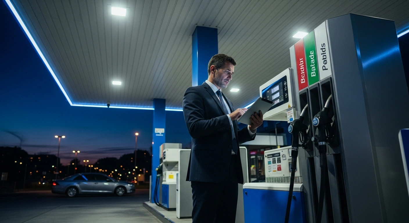 A government official conducts an inspection at a French gas station to monitor fuel pricing and ensure consumer transparency.