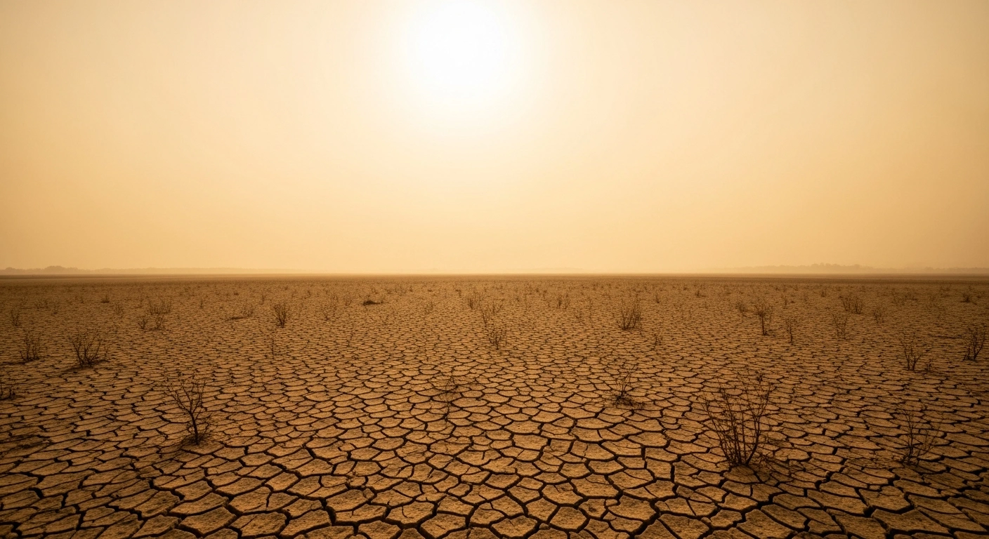 A scorched, drought-stricken landscape in southeastern France experiences extreme heatwave conditions with temperatures reaching 40 degrees Celsius.