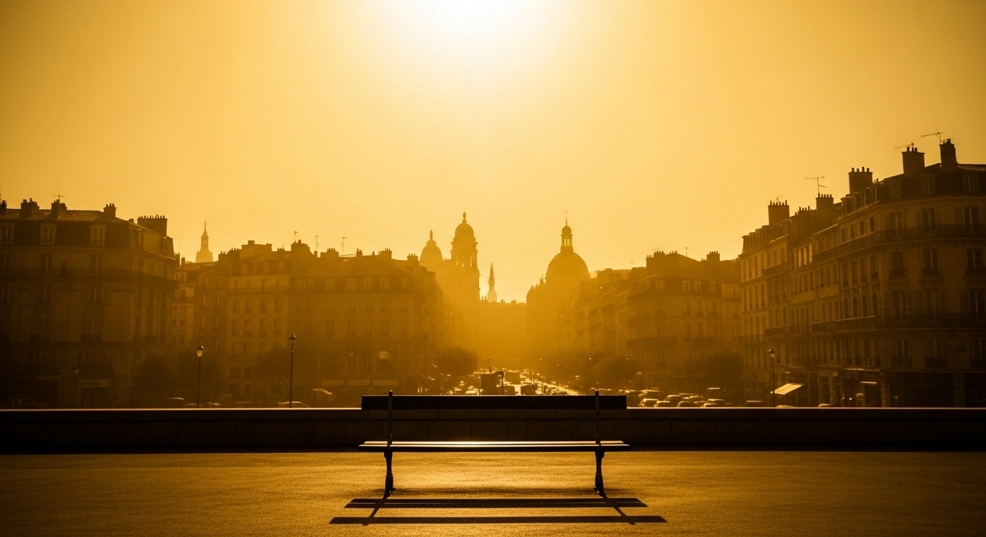 A desolate, sun-scorched French city street during a severe heatwave that caused thousands of excess deaths.