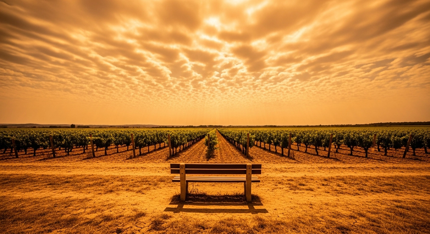 A sun-scorched landscape in southwestern France under a intense heatwave with visible heat shimmer rising from the dry ground.