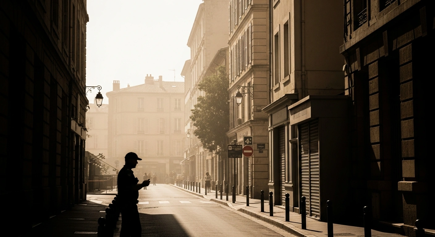 A sun-drenched street in France during a record-breaking heatwave shows the strain on public infrastructure and local funeral services.
