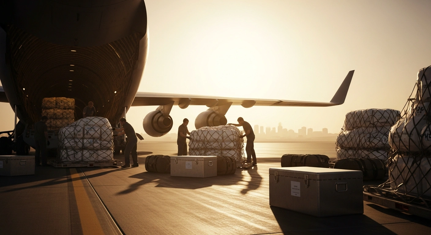 Ground crews load humanitarian medical supplies onto a cargo plane as part of France's increased aid efforts for Lebanon.