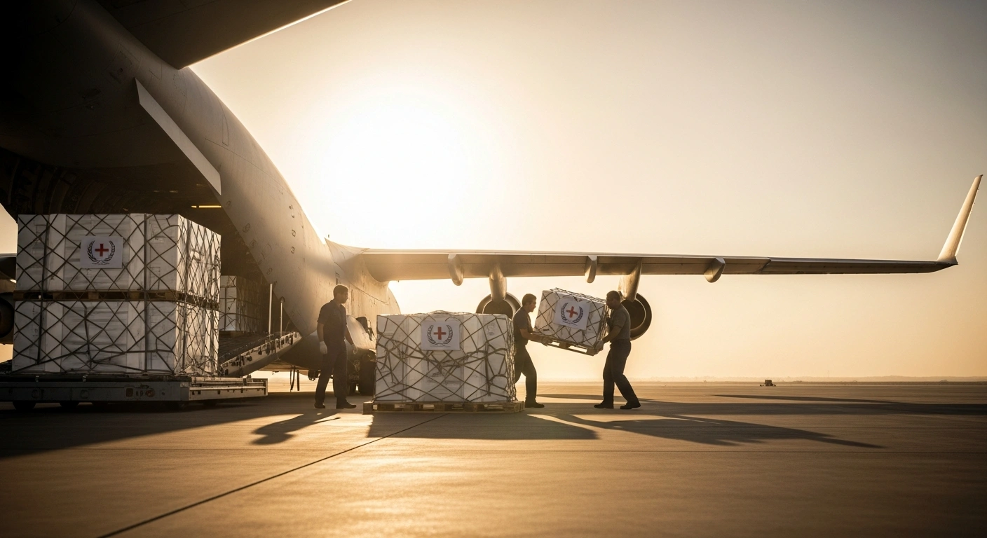 Ground crew unloads pallets of medical supplies and humanitarian aid from a cargo plane as part of France's increased support for Lebanon.