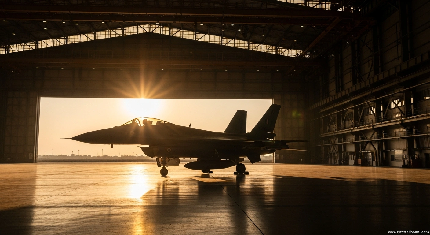 A modern fighter jet sits in front of a high-tech manufacturing facility in India, representing the strategic defence cooperation and technology transfer between France and India.