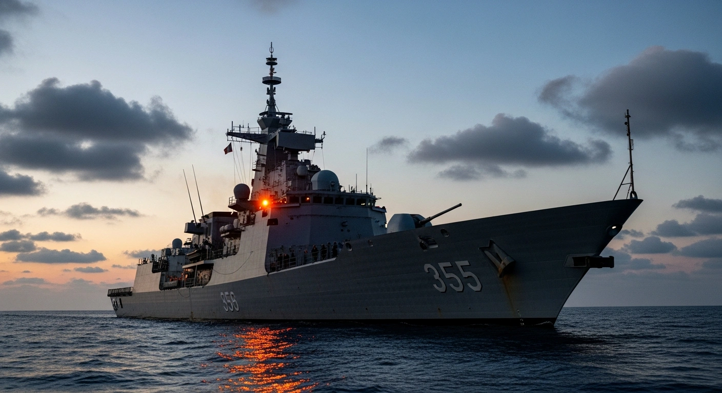 A French naval frigate is depicted at twilight in the Persian Gulf, its radar sweeping the tense waters, symbolizing France's readiness to assist countries targeted by Iranian retaliatory strikes following US-Israeli military operations.