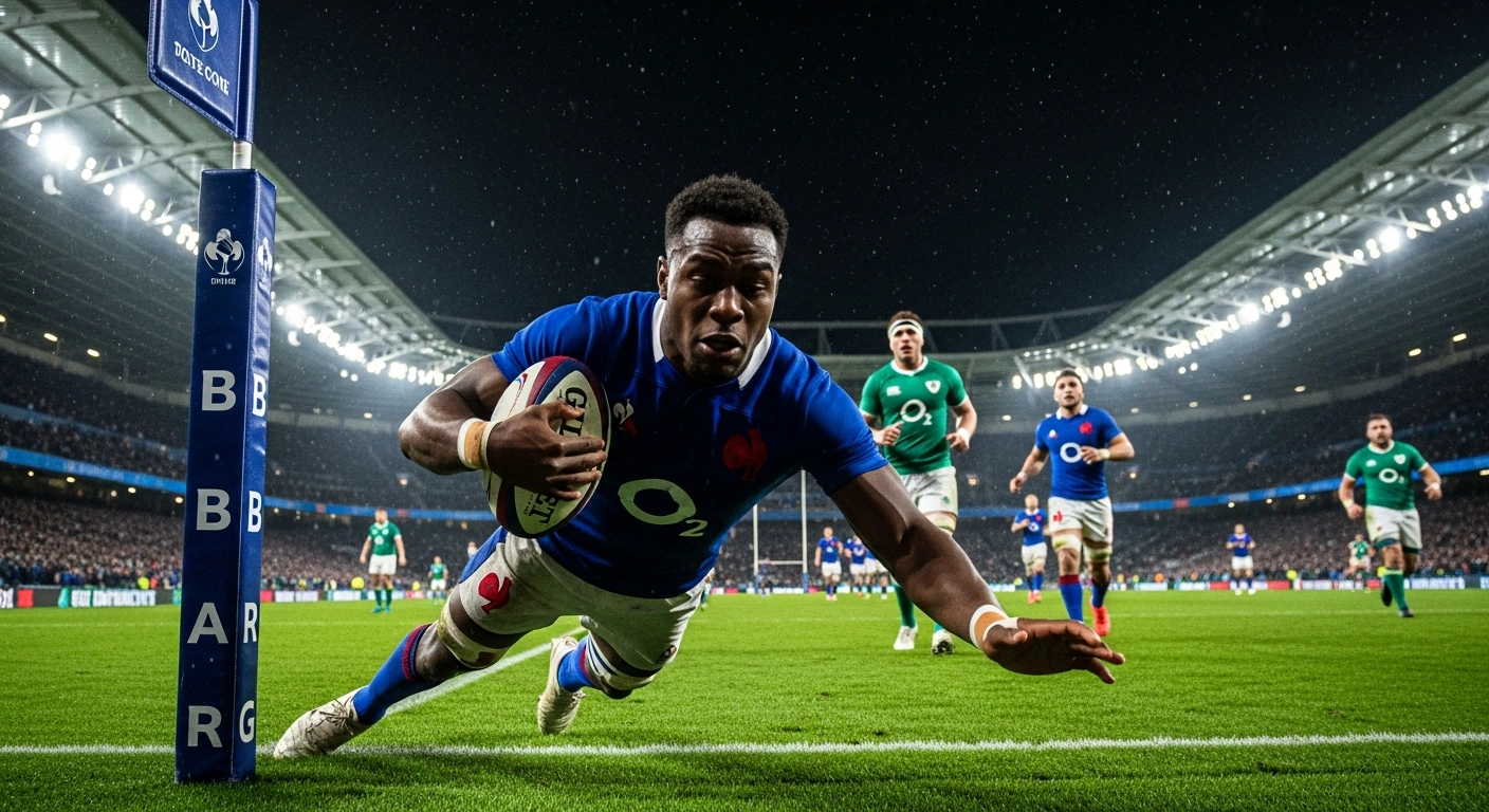 Louis Bielle-Biarrey of France scores a try against Ireland at the Stade de France during their commanding 36-14 Six Nations victory.