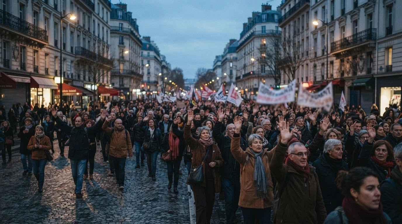 A large crowd of protesters marches through a street in France during a nationwide labor union demonstration.
