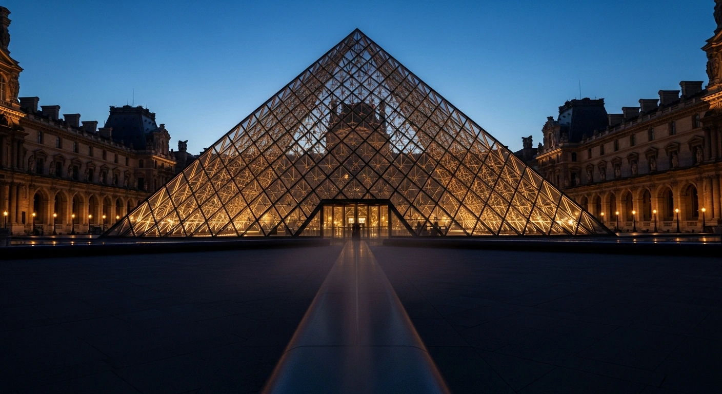 The illuminated glass pyramid of the Louvre Museum in Paris at twilight, symbolizing the upcoming increase in entry fees for non-European tourists at major French cultural institutions like the Louvre and Palace of Versailles starting in 2026, a 'dual pricing' policy intended for renovations but criticized for violating cultural universalism.