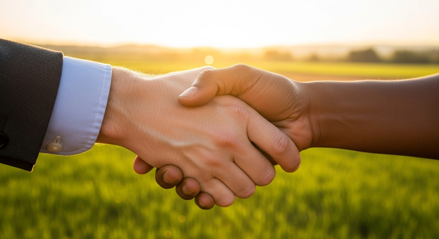 A close-up shot shows a European hand and a Malagasy hand clasped in a firm handshake, symbolizing France's commitment to supporting Madagascar's transitional process and addressing food security concerns, with a blurred, sun-drenched Malagasy landscape in the background.