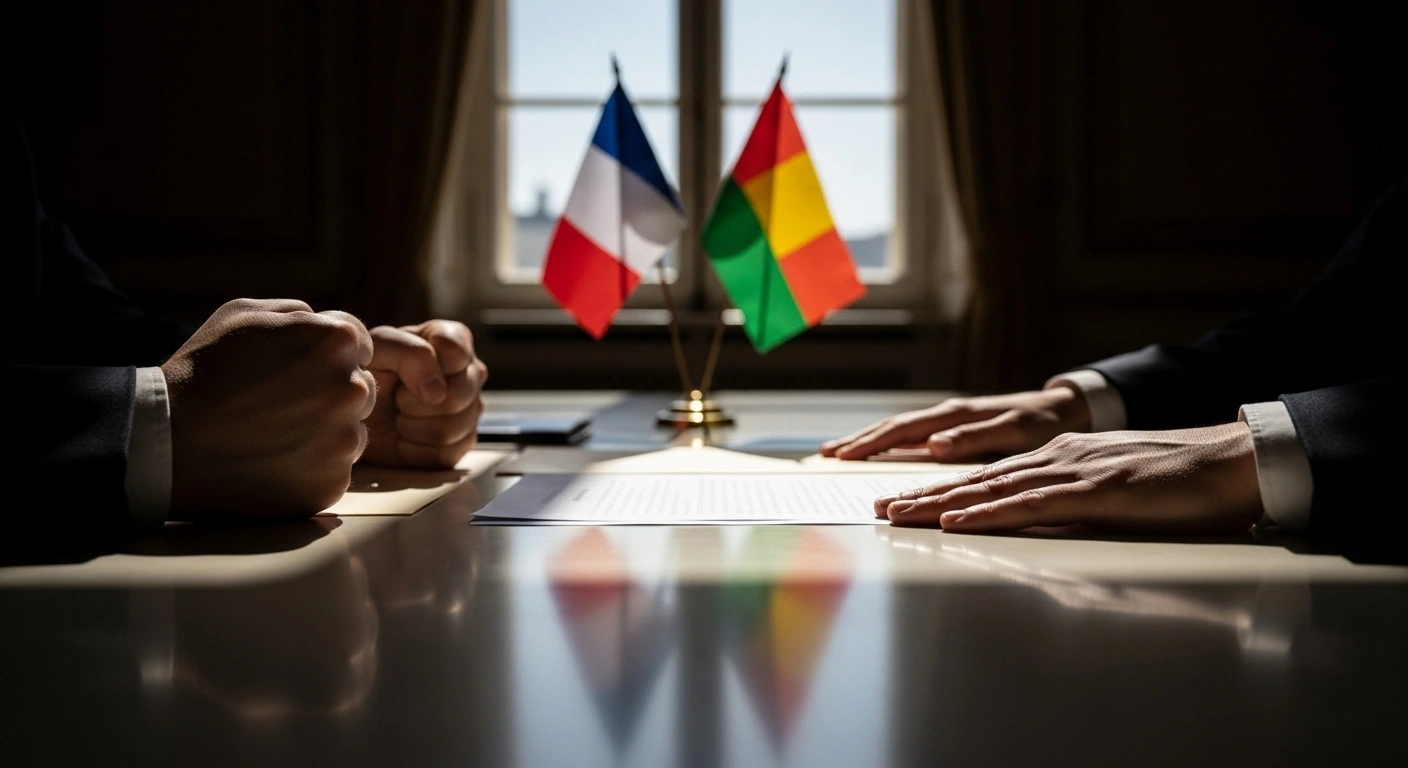 A dimly lit diplomatic office features two hands on a polished desk, one clenched and the other pushing away a formal document, with the French and Malian flags distinctly separated in the background, illustrating the strained relations and suspended counter-terrorism cooperation between France and Mali after spying allegations.