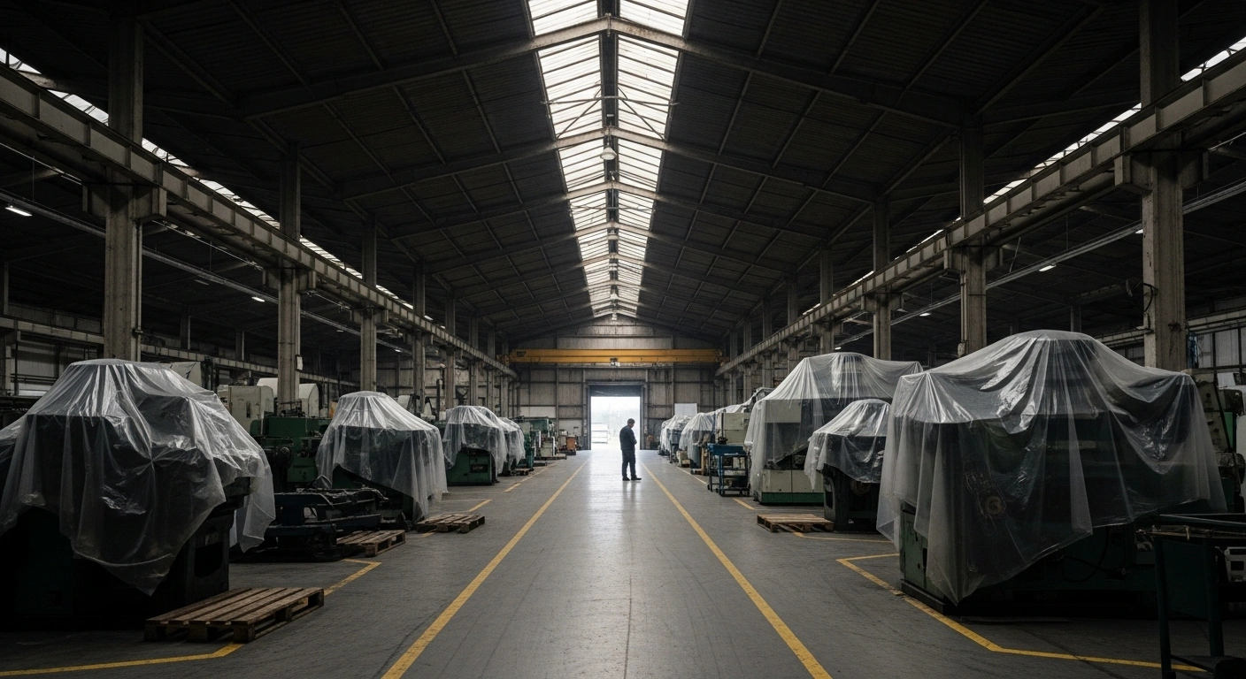 A wide, low-angle shot inside a dimly lit, dormant French manufacturing plant shows heavy machinery covered in plastic sheets, with a solitary figure silhouetted against a loading bay, symbolizing the nine-month low in France's manufacturing PMI, declining output, and softening employment.