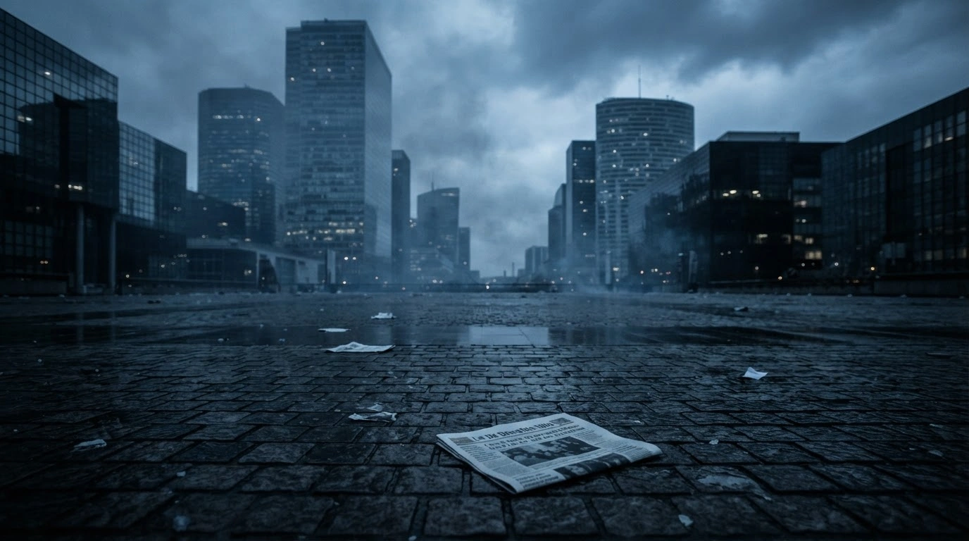 A moody, cinematic view of a quiet financial district in Paris reflecting the economic uncertainty and market volatility caused by recent civil unrest in France.