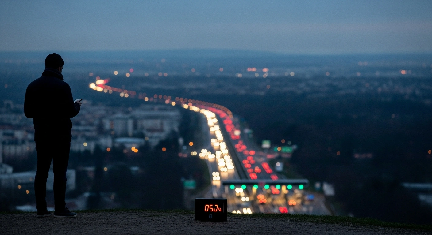 A solitary figure stands overlooking a French city at dusk, with a faint digital display showing a low percentage in the foreground and a motorway toll booth visible in the distance, symbolizing France's new measures including a decreased Livret A savings rate, increased motorway tolls, and more complex airline ticket refunds.