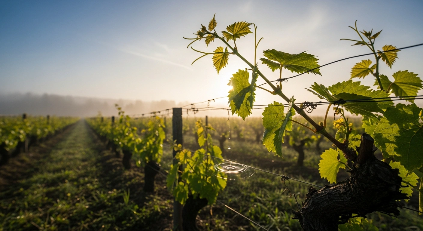 A serene French vineyard at dawn, with a dewdrop slowly sliding down a vine leaf and mist between rows, visually representing the 44 minor earthquakes, including a magnitude 2.6 tremor near Macon, that occurred in France within 24 hours.