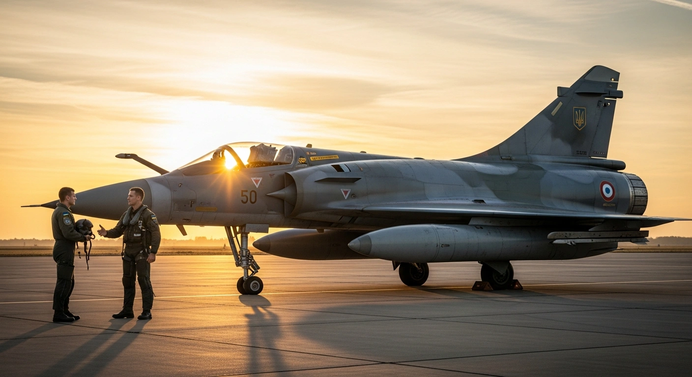A sleek French Mirage 2000 fighter jet stands on a tarmac at dawn, with a Ukrainian pilot and a French counterpart nearby, symbolizing France's delivery of military assistance to Ukraine.