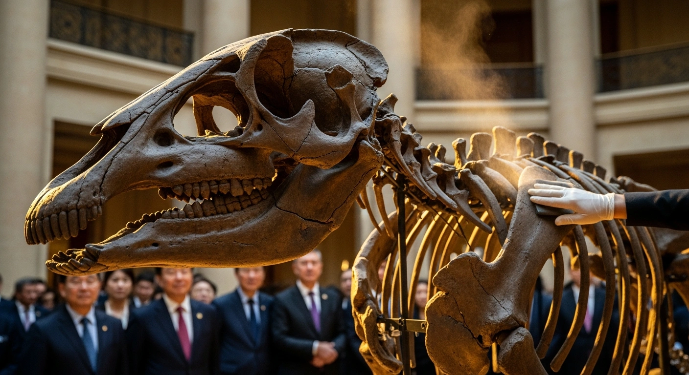 A 70-million-year-old Tarbosaurus bataar dinosaur skeleton, previously looted from Mongolia's Gobi Desert and seized by French customs, is carefully handled in a grand hall during its official return from France to its country of origin, alongside other paleontological items.