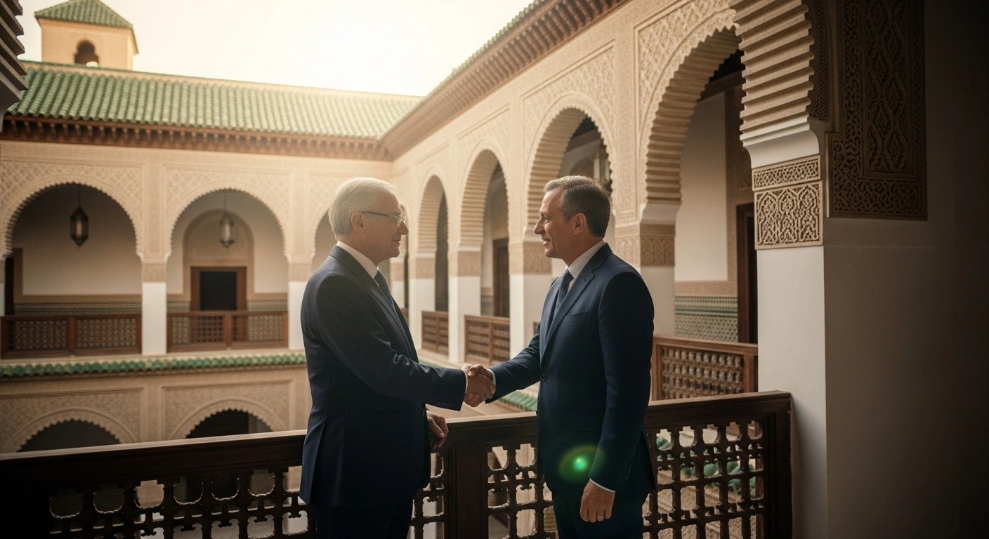 French Minister of the Armed Forces Sebastien Lecornu shakes hands with a Moroccan official during a diplomatic visit to strengthen defense and security cooperation.