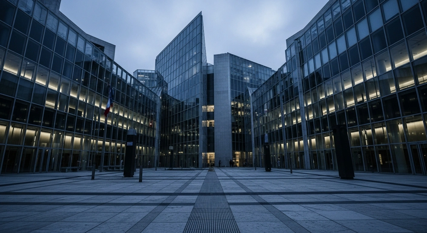 A modern government building in France stands under a twilight sky, representing the implementation of new national anti-terrorism security measures.