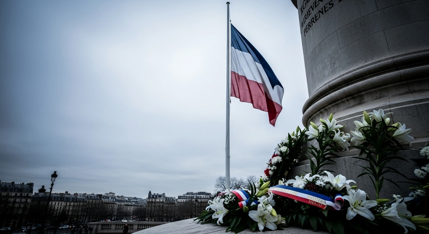 A French flag flies at half-mast over a stone monument decorated with white lilies during a national tribute ceremony for victims of terrorism.
