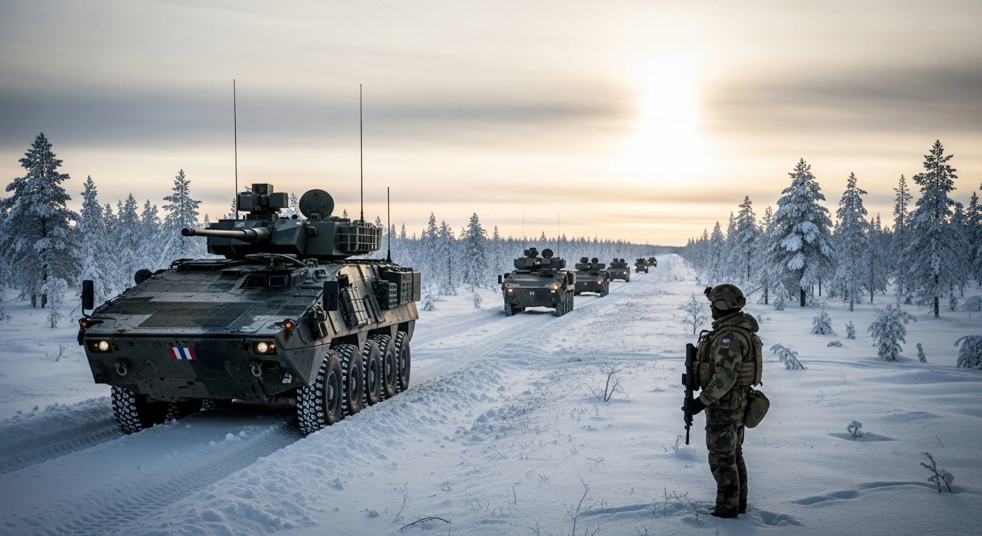 French military vehicles drive through a snowy Finnish forest as part of a NATO deployment to the High North.