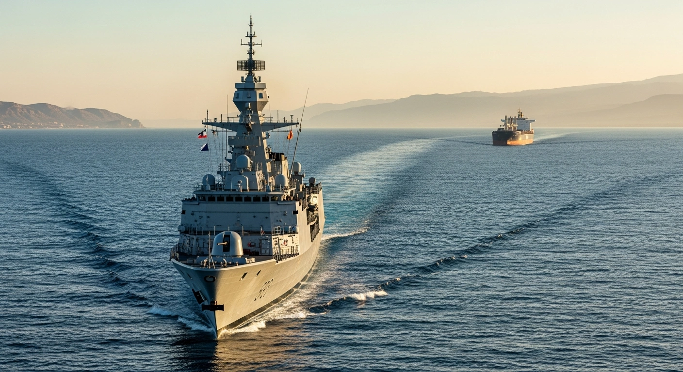 A French naval frigate patrols the Strait of Hormuz to ensure the safe passage of commercial cargo ships.