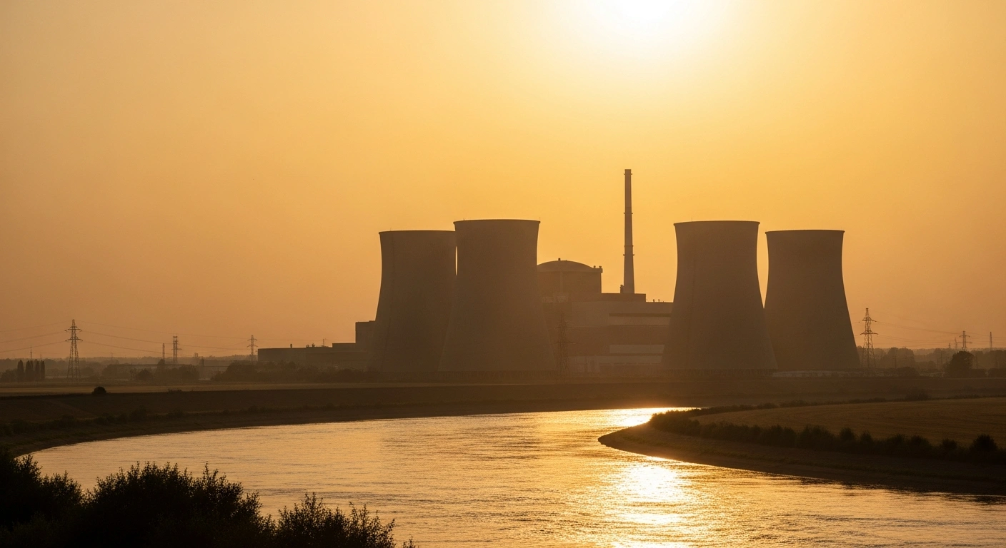 A nuclear power plant stands near a river during a heatwave as France reduces energy output to protect local ecosystems.